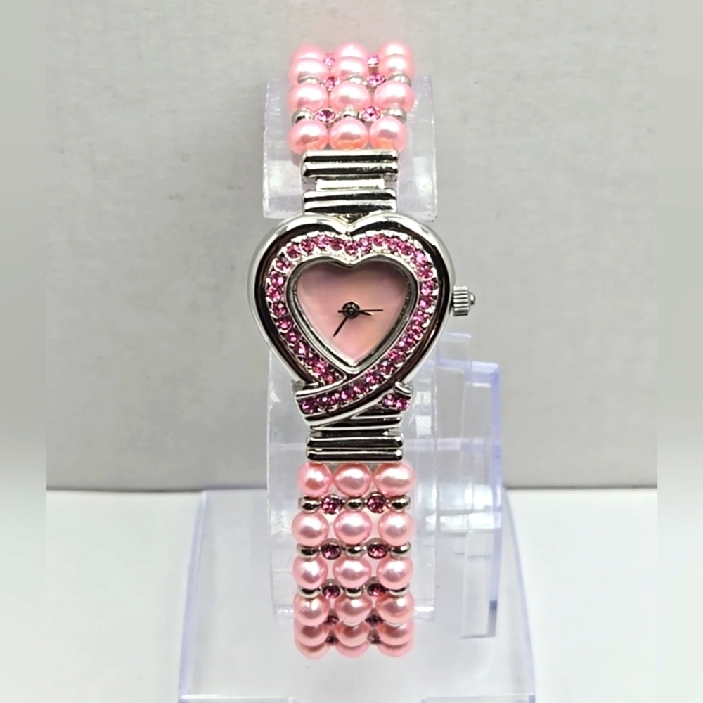 Womens Watch 24mm Heart Faux Pearls Crystals Bracelet Pink Mother Of Pearl Runs